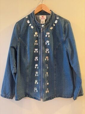 Quacker Factory jean Jacket with rhinestone jewel Embellishments, Sz XL.